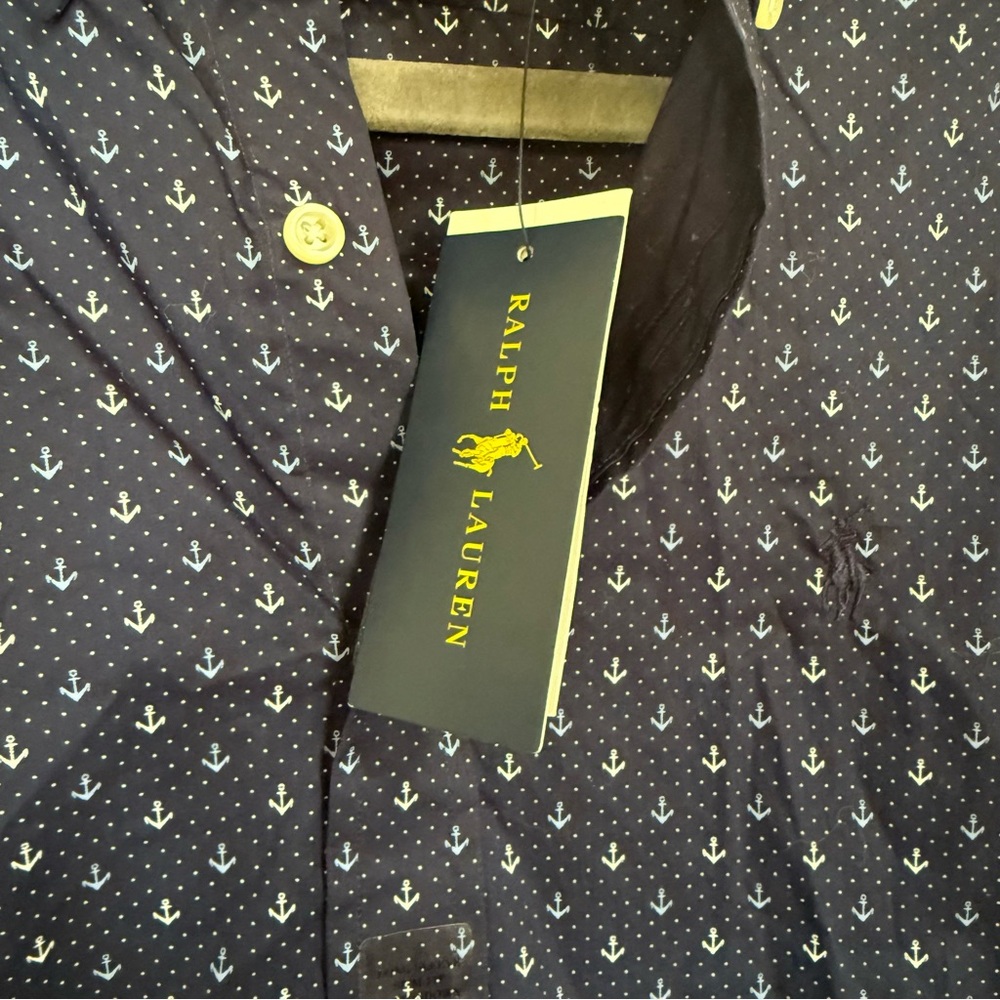 NWT Ralph Lauren Slim Fit Anchor Print Shirt Navy Blue Cotton Stretch Mens Small - Picture 5 of 10